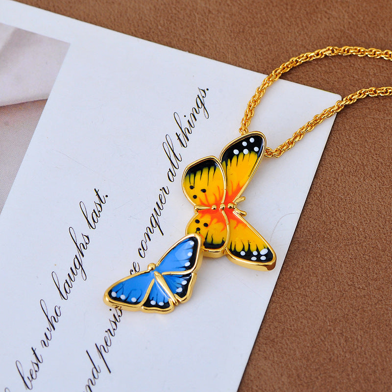 European and American Enamel Color Glaze Sweet Romantic Double Butterfly Pendant Aesthetic Temperament Necklace