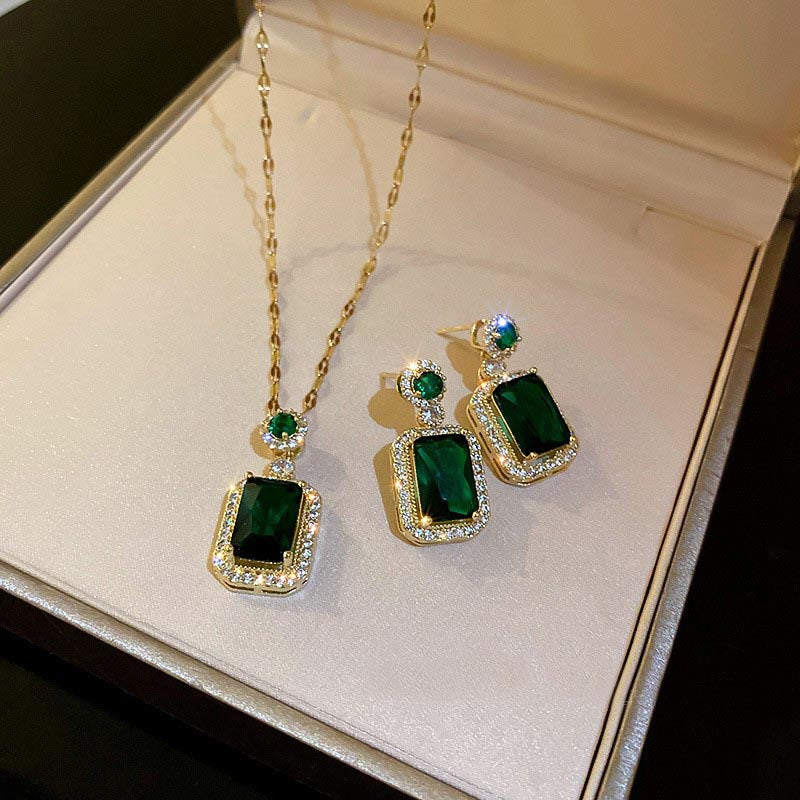 Titanium Steel Jewelry Zircon Emerald Crystal High-end Earrings Necklace Set Vintage Stud Earrings Elegant Collarbone Chain Ring