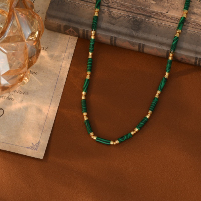 Natural Malachite Beaded Necklace for Women, Emerald Green Gemstone, Light Luxury Niche New Sweater Choker