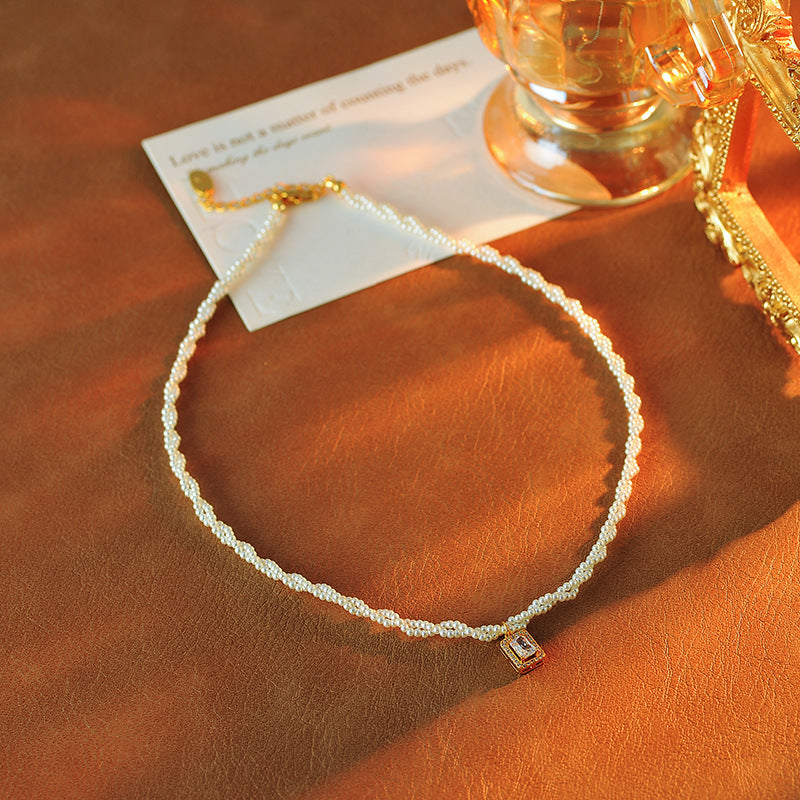 Double Layer Stacked Xiaomi Pearl Small Sugar Cube Necklace Collarbone Chain Light Luxury Niche New Hot-Selling Pendant