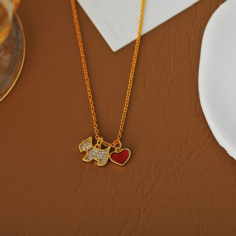 Heart Shell Full Diamond Puppy Necklace for Women, Korean and Japanese Style, Simple Red and White Heart Pendant, Clavicle Chain, Fashionable and Elegant