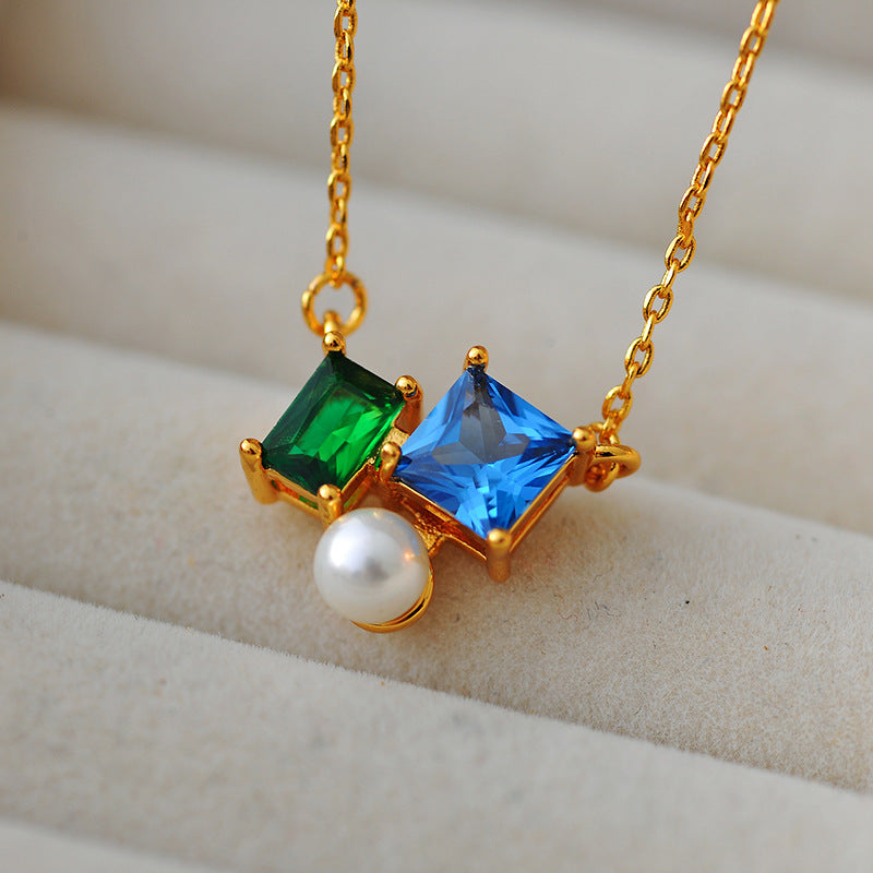 Fashionable Light Luxury Retro Colorful Zircon Pearl Exquisite Geometric Simple Metal Fashion Versatile Necklace