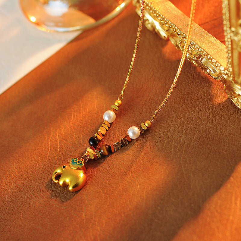 Original Sand Gold Little Elephant Beaded Decorative Necklace Light Luxury Niche High-end Sense Elegant Long High-grade Sweater Chain Accessories