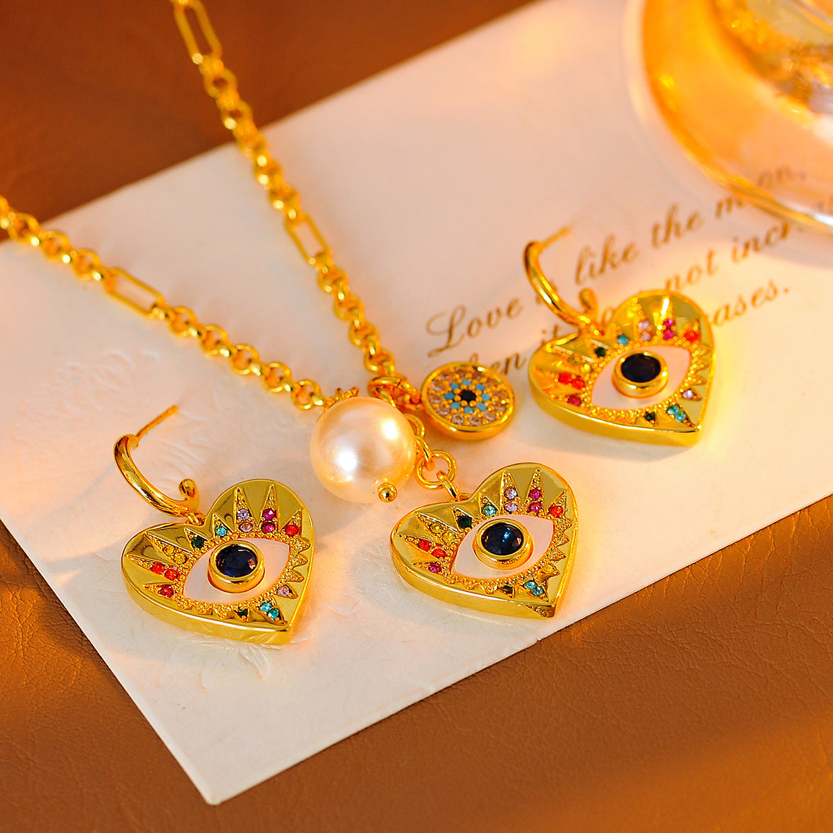 New Colorful Devil's Eye Heart Necklace for Women with Micro Pave Zirconia, Light Luxury High-end Earrings Set