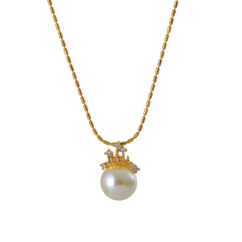 Dream Castle Princess Necklace French Court Style Shijia Pearl Collarbone Chain 18K Gold Plated Pearl Earrings Set for Women