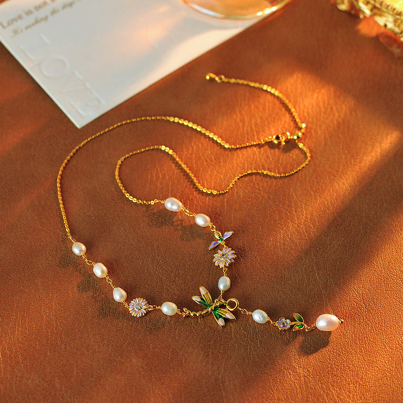 New Chinese Style Natural Pearl Necklace Enamel Painted Dragonfly Flower Artistic National Style Light Luxury Oil Painting Retro Collarbone Chain