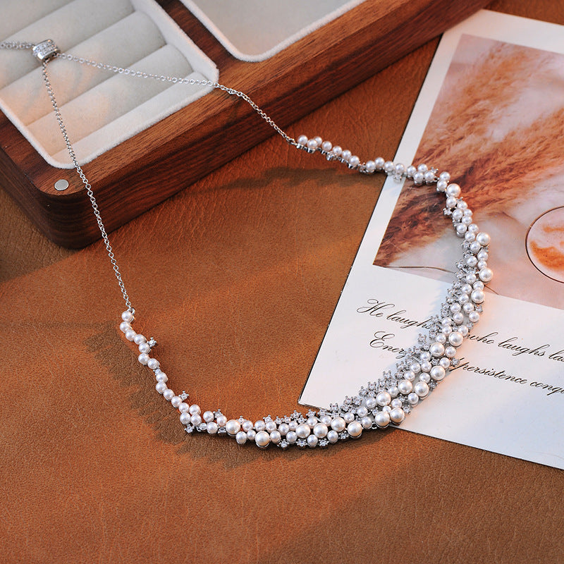 European and American Version Pearl Necklace for Women, Floral Pearl Collarbone Chain, Adjustable Elegant Necklace Gift for Girlfriend