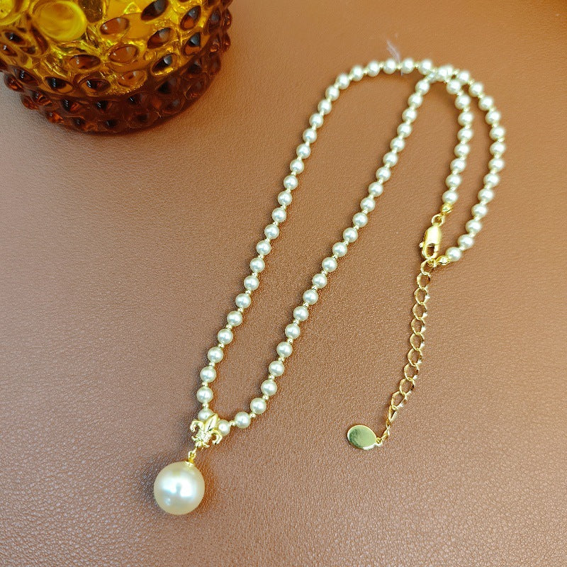 French Iris Vintage Pearl Pendant Necklace for Women, Detachable Collarbone Chain, Neck Chain