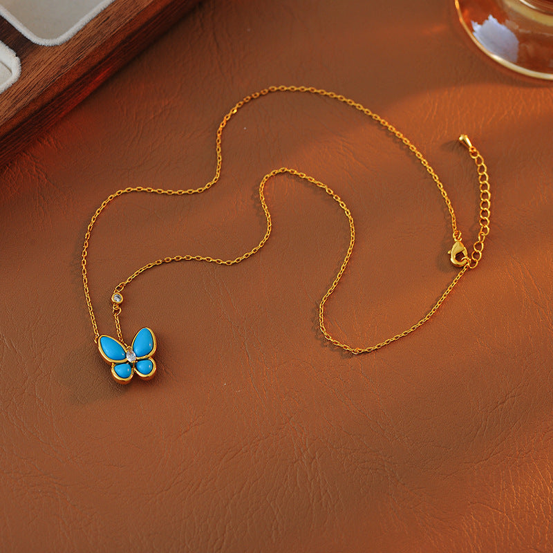 European and American Fashion Blue Butterfly Necklace Earrings Light Luxury Exquisite Butterfly Necklace Earrings Women Fashion Delicate Collarbone Chain