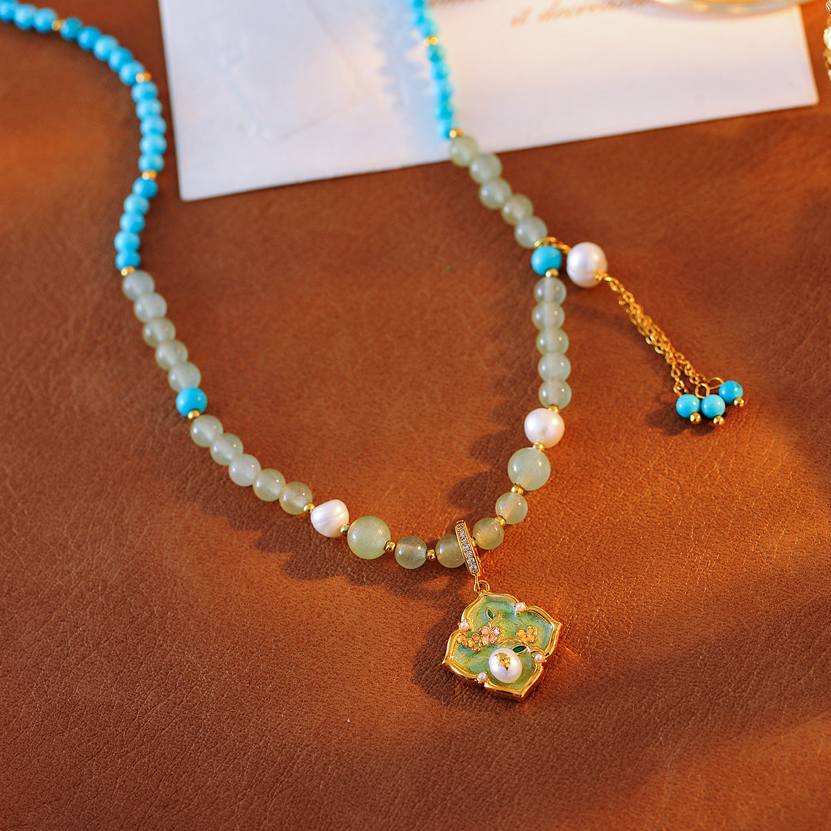 New Chinese Style Oil Drop Green Flower Necklace Niche Design Freshwater Pearl High-end Elegant Set