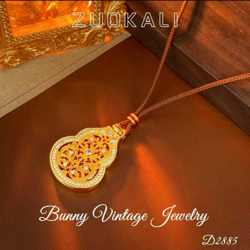 New Chinese Style Ancient Method Hollow Gourd Necklace with Inlaid Diamonds Guanyin Blessing Pendant Three-Dimensional New Light Luxury Non-Fading Pendant