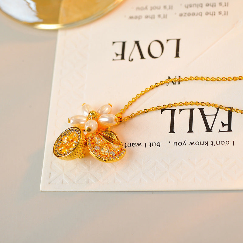 KS Home Lemon Petal Pearl Necklace with Rhinestones and Zircon Inlay Fresh and Elegant Collarbone Chain