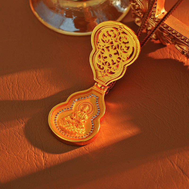 New Chinese Style Ancient Method Hollow Gourd Necklace with Inlaid Diamonds Guanyin Blessing Pendant Three-Dimensional New Light Luxury Non-Fading Pendant