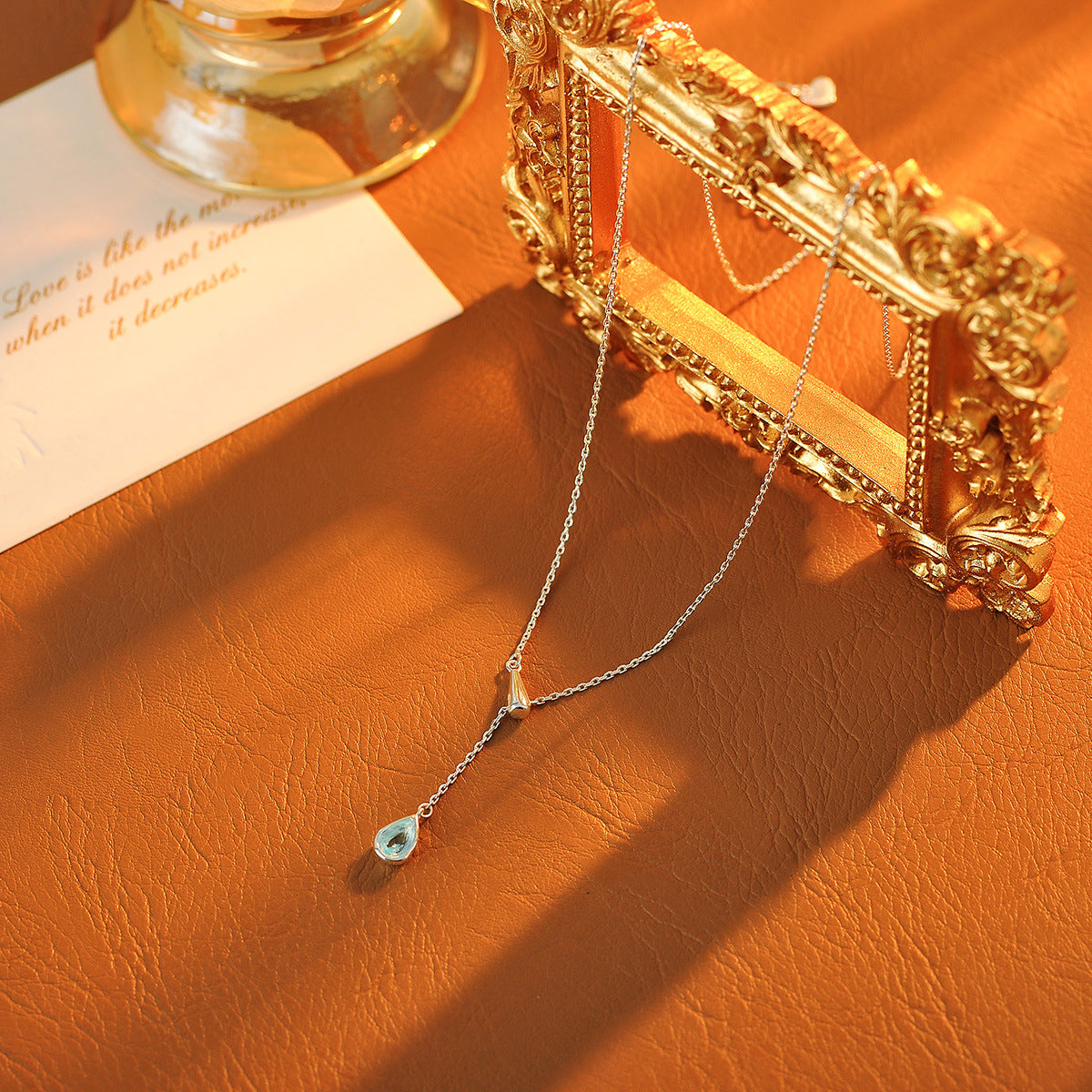 Minimalist Cool Style Zircon Water Drop Necklace Blue High-End Adjustable Y-Shaped Collarbone Chain