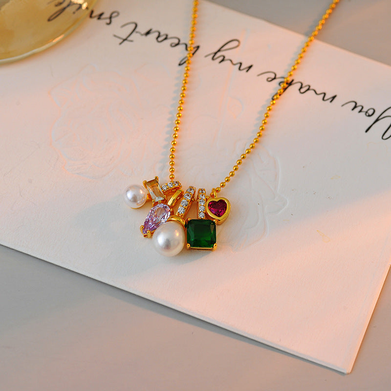 High Version Real Gold Plating European and American Jewelry Fashion Pearl Colorful Zircon Multi-element Multi-drop Necklace Simple Necklace