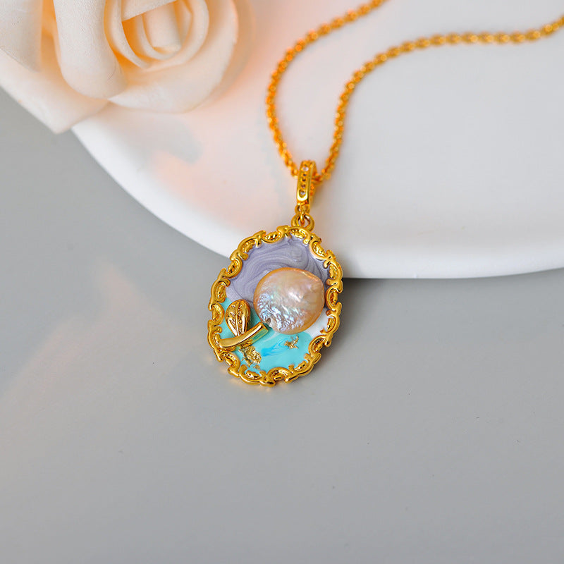 New Chinese Style Retro National Style Oil Painting Flower Pearl Gold Necklace Niche Vintage Light Luxury High-end Clavicle Chain