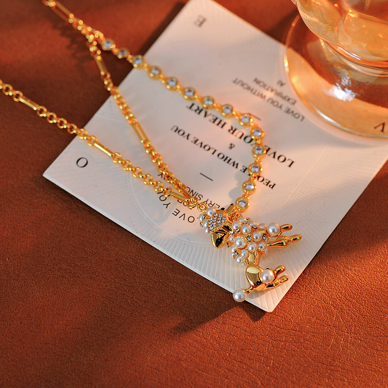 European and American Jewelry Creative Personality Sparkling Diamond Fun Cute Pearl 3D Dog Shape Necklace