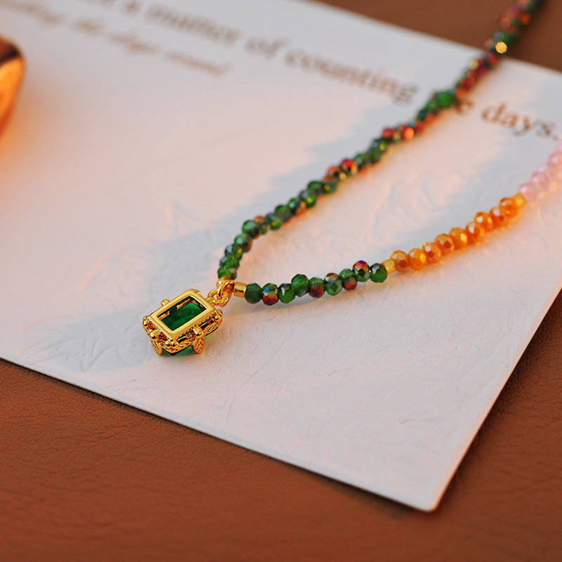 New Simple Colorful Zircon Handmade Beaded Necklace for Women Versatile Elegant Shiny Rainbow Collarbone Chain