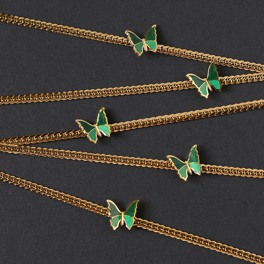 Vintage Style Green Butterfly Choker Necklace Cuban Necklace Collarbone Chain Titanium Steel 18K Gold Plated Non-Fading