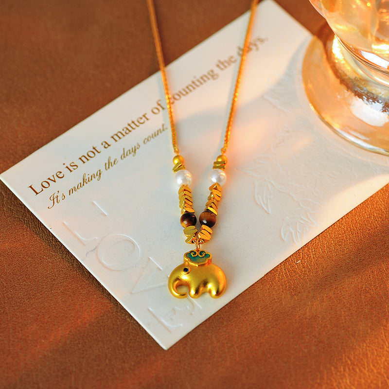 Original Sand Gold Little Elephant Beaded Decorative Necklace Light Luxury Niche High-end Sense Elegant Long High-grade Sweater Chain Accessories