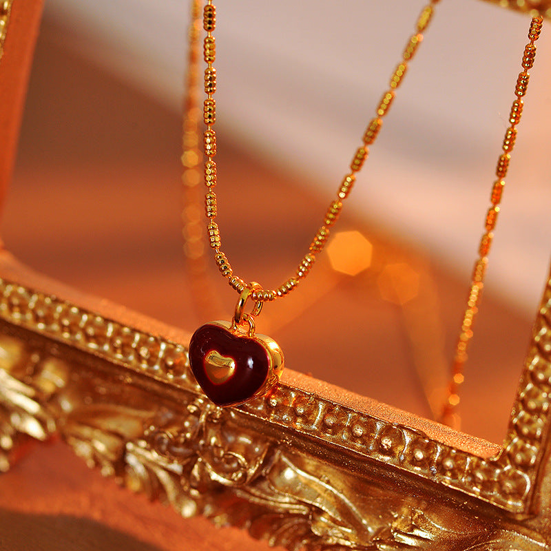 2025 New Red Glaze Heart Necklace Light Luxury Elegant Versatile Fashion Jewelry for Women