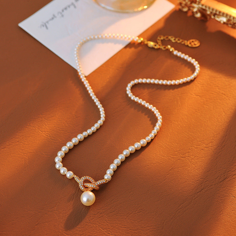 Real Gold Plated Pearl Zircon Knot Pendant Necklace Exquisite Fashionable Light Luxury High-end Feel
