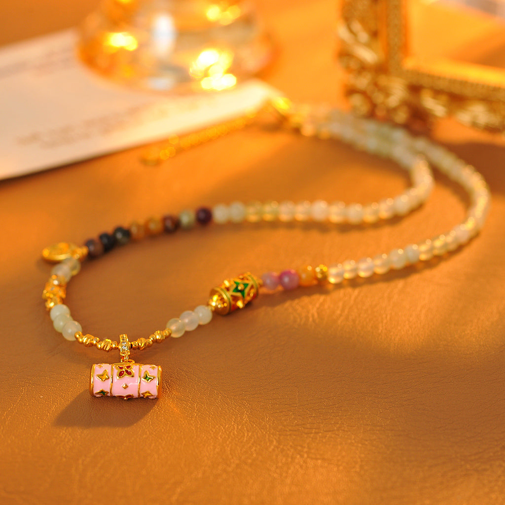 New Chinese Style Colorful Stone Necklace for Women Enamel Drop Glaze Lock Bag Pendant Neck Chain Light Luxury Exquisite Beaded Collarbone Chain