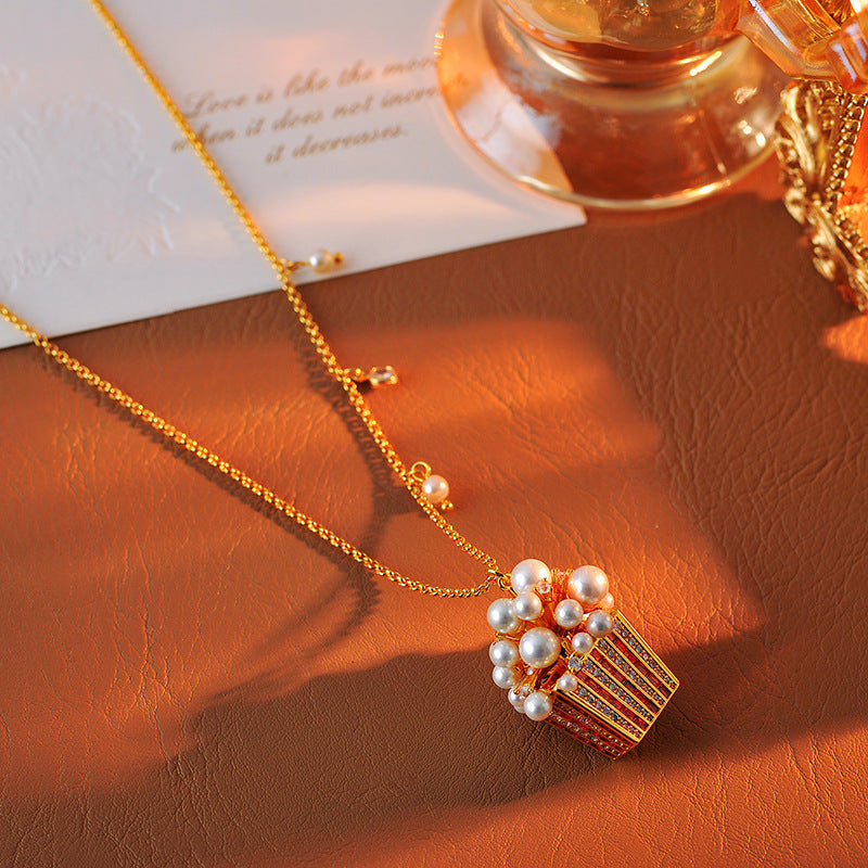 European and American Sparkling Colored Diamond Large and Small Pearl Three-Dimensional Popcorn Shape Creative Personality Necklace for Women