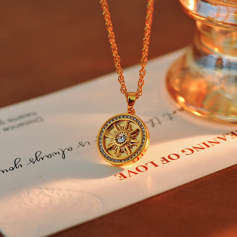 Traditional Inlaid Diamond Round Sunflower Gold-Plated Necklace for Women, New Autumn Winter Sweater Chain, Light Luxury High-End Feel