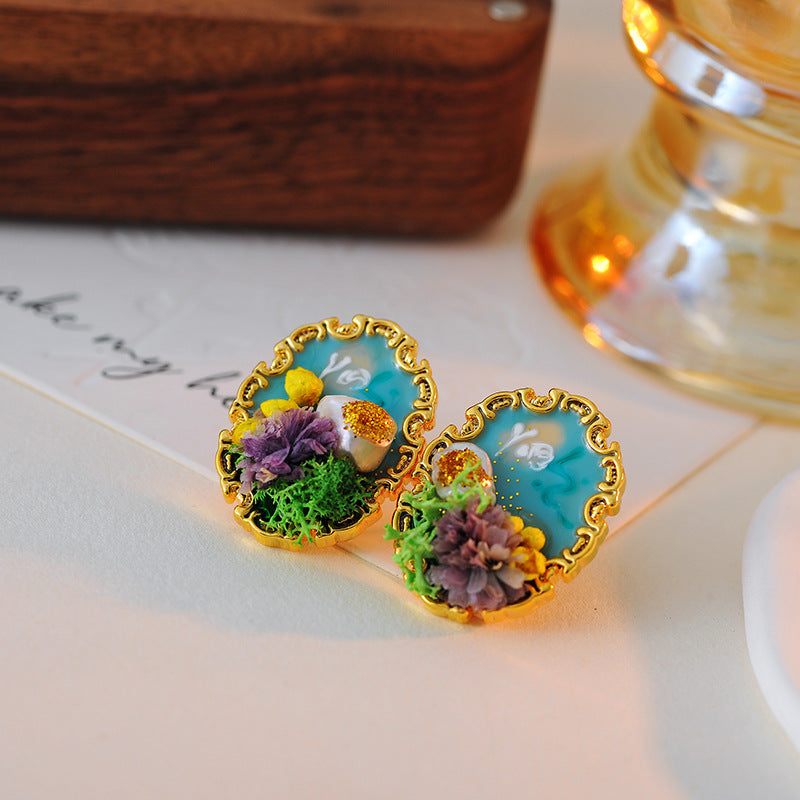 New Chinese Style Retro National Style Oil Painting Pearl Necklace Earrings Flower Fashion Collarbone Chain Pendant