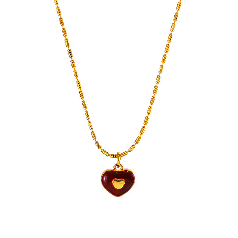 2025 New Red Glaze Heart Necklace Light Luxury Elegant Versatile Fashion Jewelry for Women