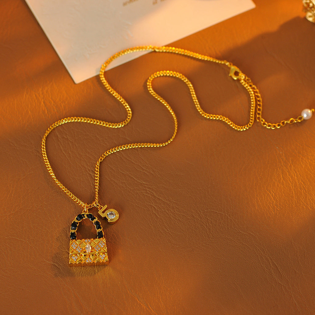 Luxurious High-End New Full Diamond Bag Necklace Fashion Versatile Light Luxury High-End Small 5 Pendant Necklace