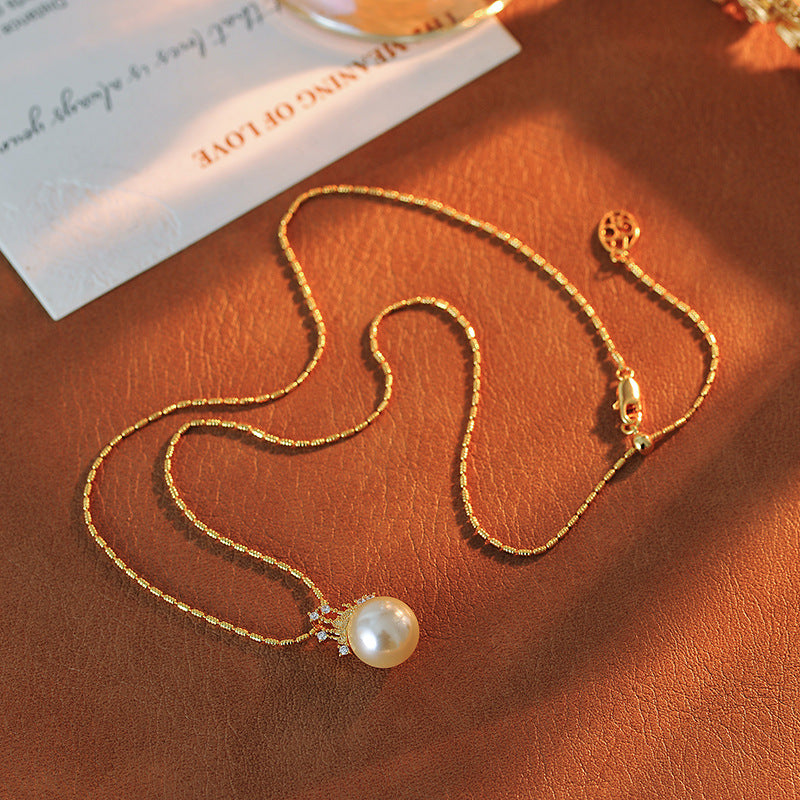 Dream Castle Princess Necklace French Court Style Shijia Pearl Collarbone Chain 18K Gold Plated Pearl Earrings Set for Women