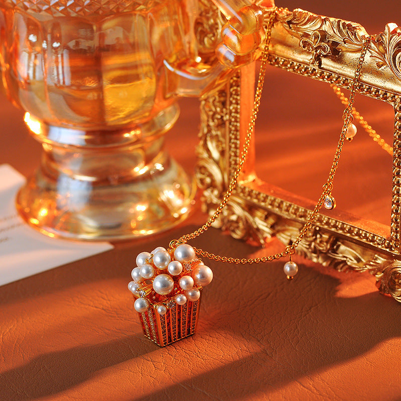 European and American Sparkling Colored Diamond Large and Small Pearl Three-Dimensional Popcorn Shape Creative Personality Necklace for Women