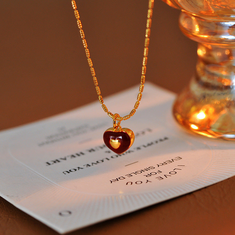 2025 New Red Glaze Heart Necklace Light Luxury Elegant Versatile Fashion Jewelry for Women