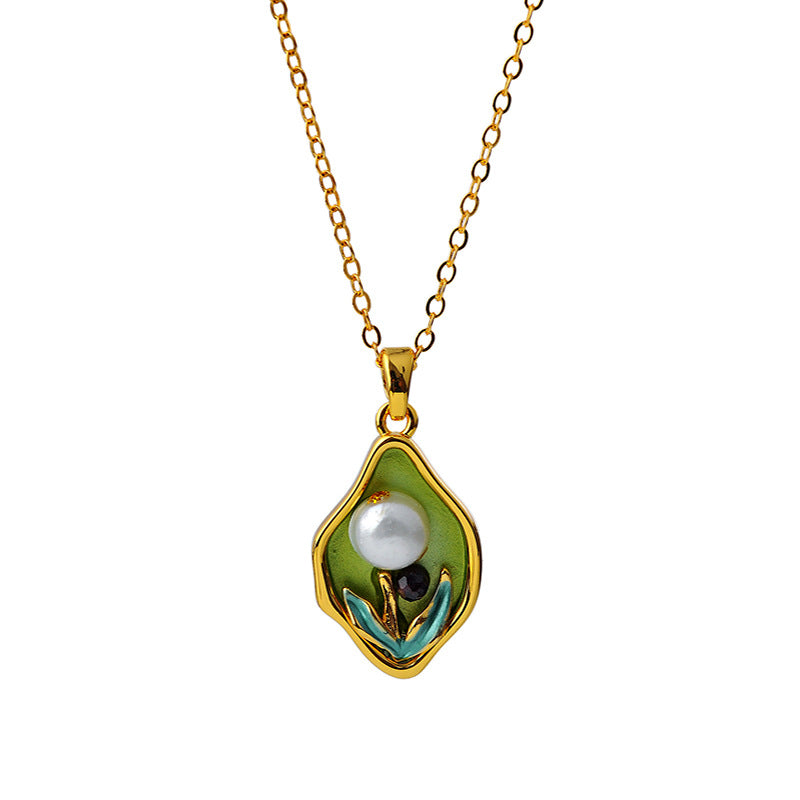 New Chinese Style Retro Palace Flower Freshwater Inlaid Pearl Necklace Enamel Glaze Temperament Pendant Necklace for Women