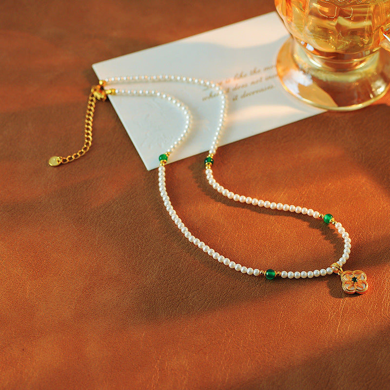 Four-leaf Flower Shell Inlaid Necklace Eight-pointed Star Design New Chinese Style Bracelet Green Natural Stone Sweater Chain Set