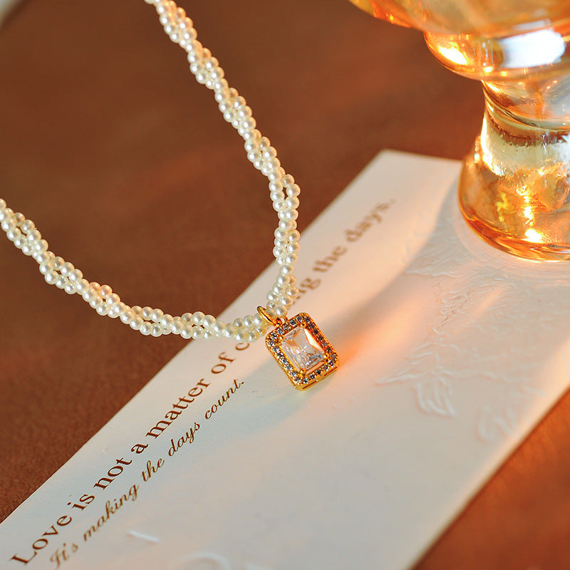Double Layer Stacked Xiaomi Pearl Small Sugar Cube Necklace Collarbone Chain Light Luxury Niche New Hot-Selling Pendant