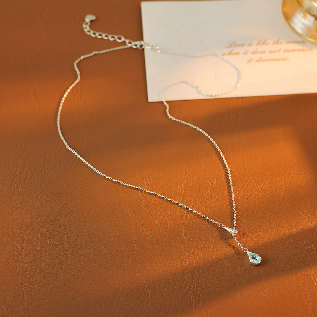 Minimalist Cool Style Zircon Water Drop Necklace Blue High-End Adjustable Y-Shaped Collarbone Chain