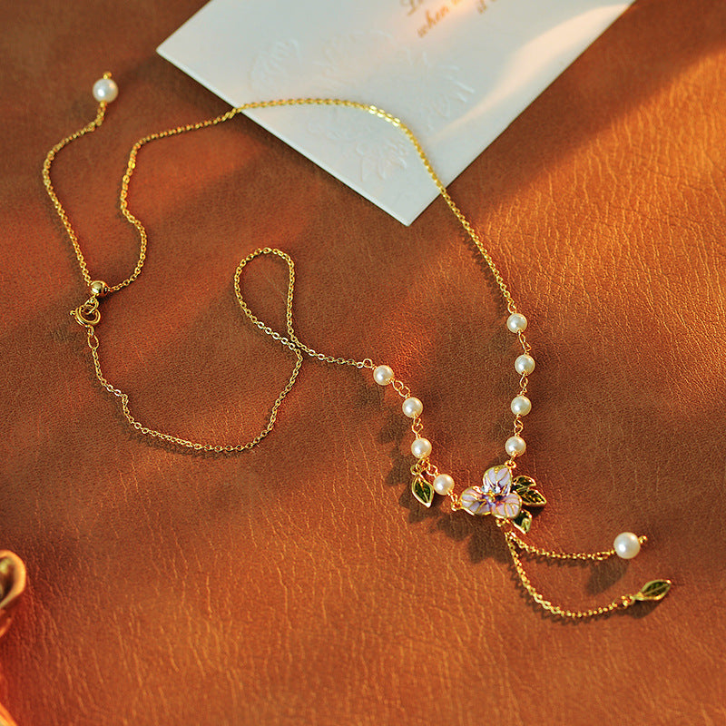 2025 Women's New Forest Style Freshwater Pearl Enamel Oil Drop Purple Flower Elegant Fashion Necklace