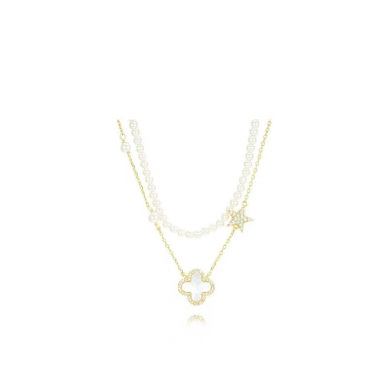 Hot-Selling Light Luxury High-End Double-Layer Stacked Pearl Four-Leaf Clover Mother-of-Pearl Bracelet Necklace Personality Simple