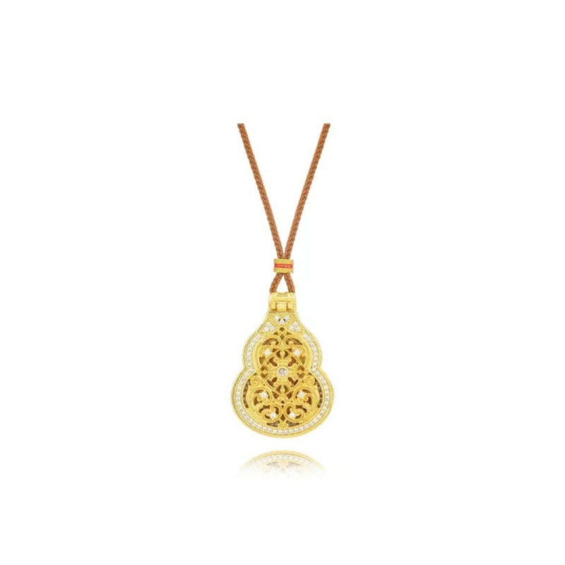 New Chinese Style Ancient Method Hollow Gourd Necklace with Inlaid Diamonds Guanyin Blessing Pendant Three-Dimensional New Light Luxury Non-Fading Pendant