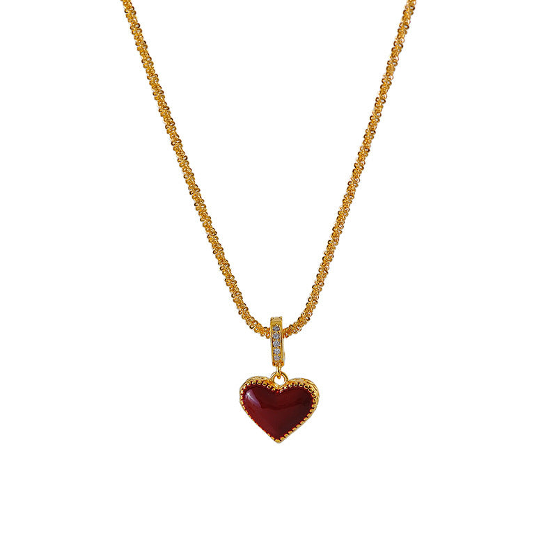 Light Luxury Retro High-End Red Heart Double-Sided Shell Necklace Simple Design Elegant Versatile 18K Collarbone Chain