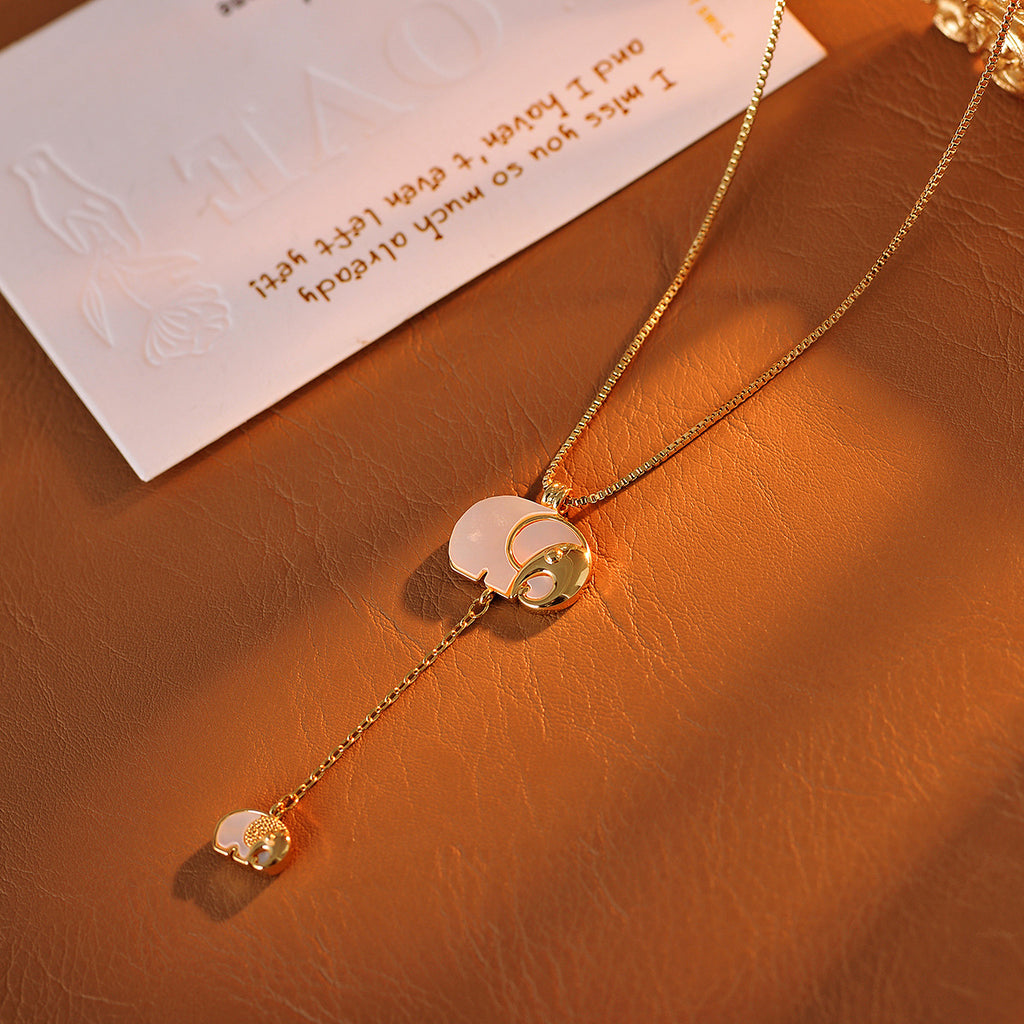 Little Elephant Necklace Real Gold Plating Light Luxury Niche High-end Sense Collarbone Chain Simple Chalcedony Pendant