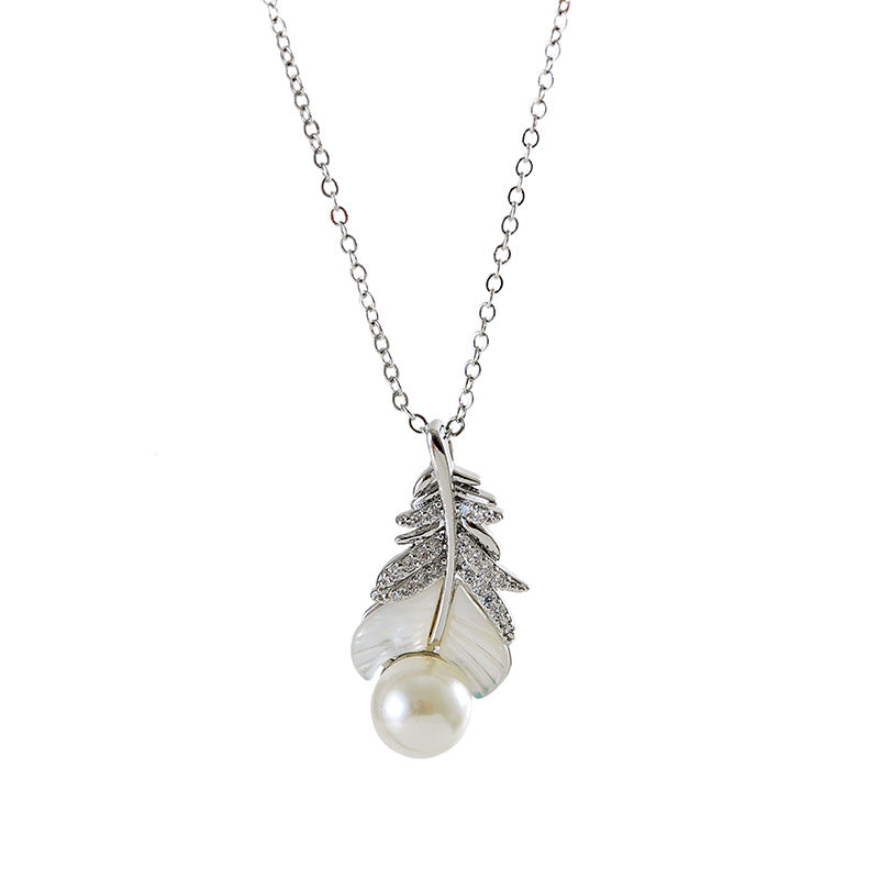 High-end Mother-of-Pearl Micro Inlay Feather Necklace Jewelry Natural Pearl Earrings Necklace Exquisite Light Luxury Accessories