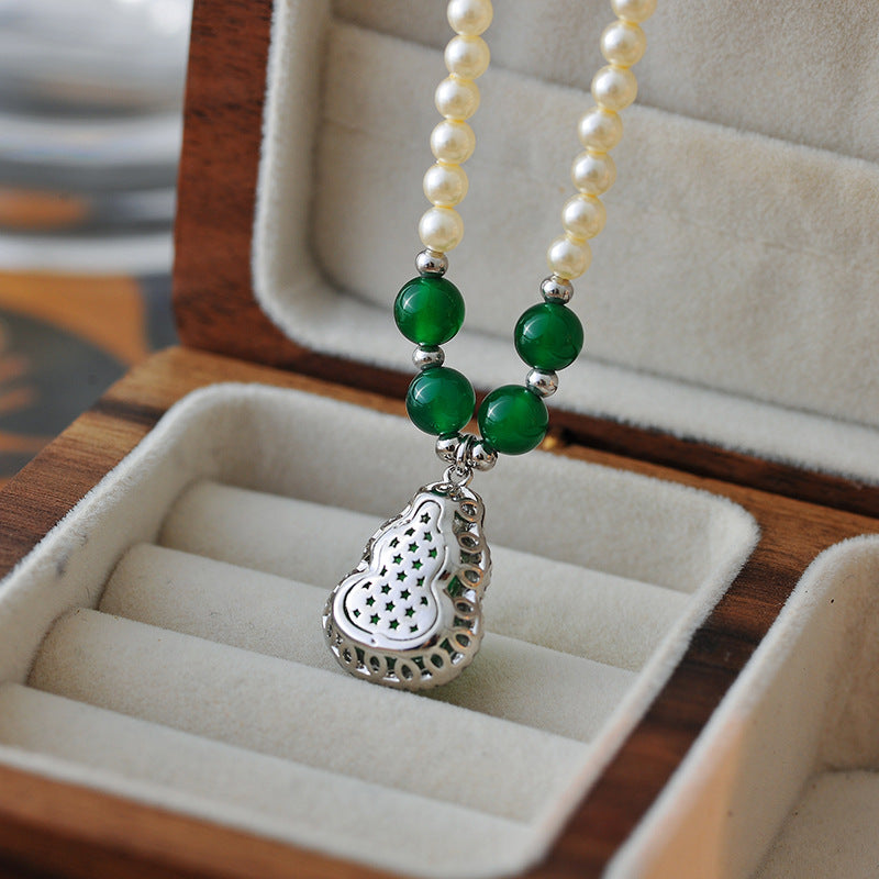New Chinese Style Green Chalcedony Gourd Pearl Necklace Fashion Retro Light Luxury Temperament National Trend High-end Necklace for Women