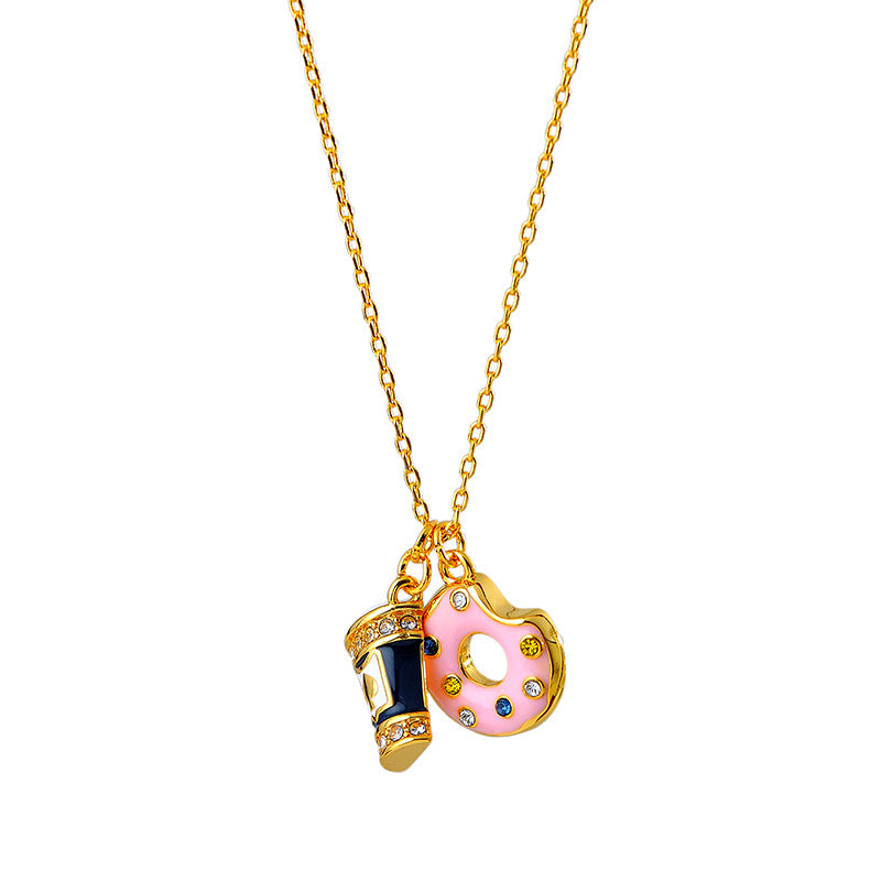European and American Sweet Style Asymmetric Enamel Glaze Donut Coffee Cup Necklace Pendant High-end Necklace