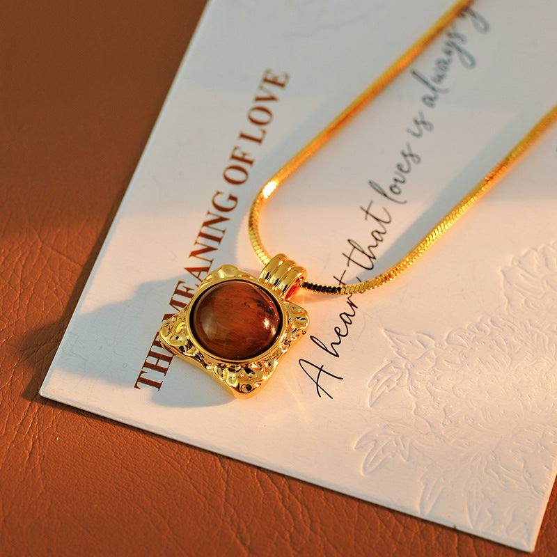 Milad Natural Tiger Eye Stone Necklace Pearl Sweater Chain Light Luxury High-End Feel Autumn Winter Versatile New Hot Item