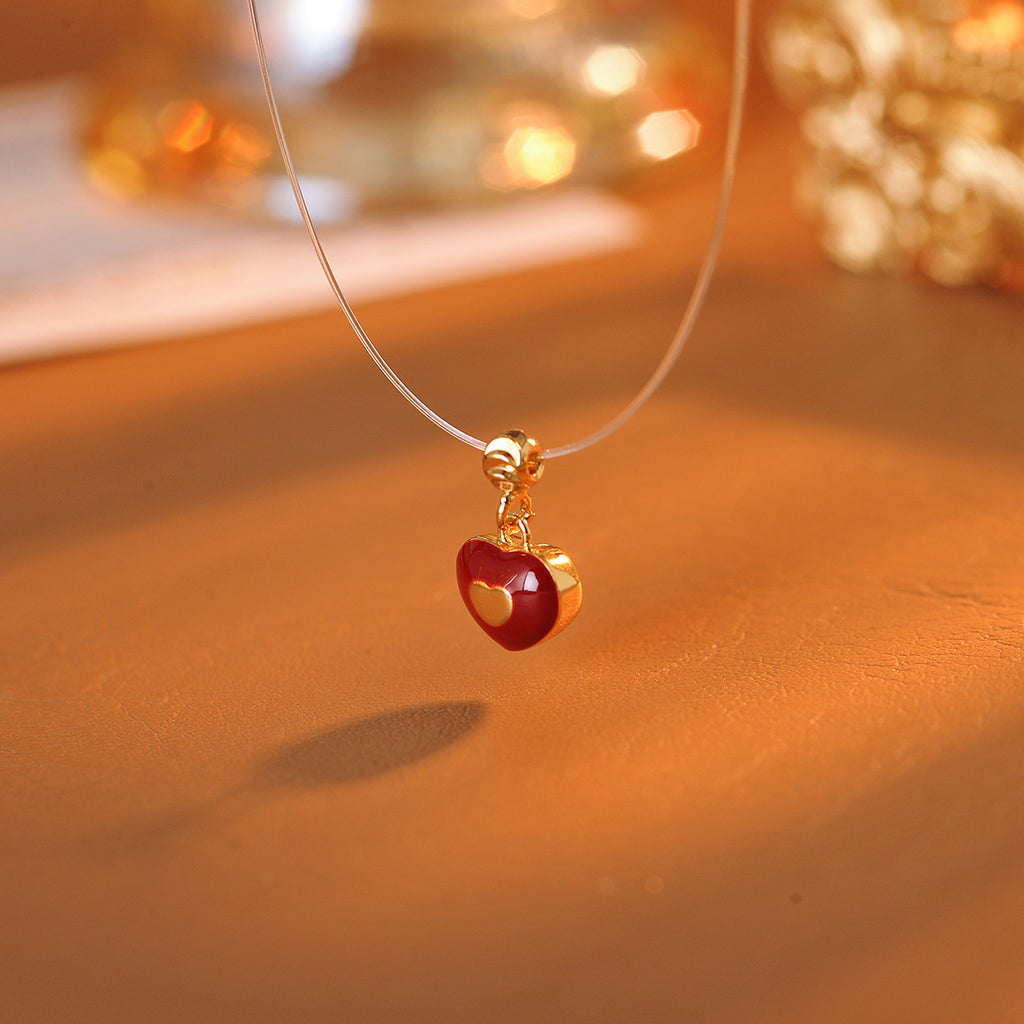 Red Glazed Heart Fishing Line Necklace, Light Luxury Elegant Versatile Fashion Jewelry