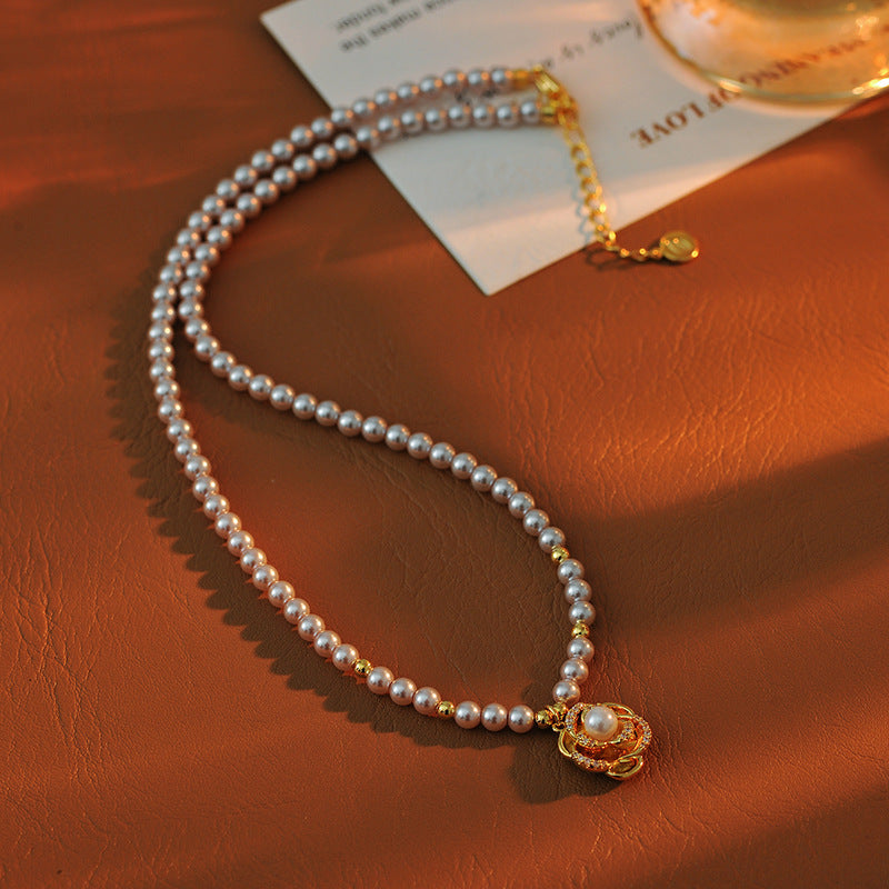 New Rose Flower Necklace Korean Version Micro Inlaid Rose Flower Manta Rose Color Pearl Necklace One Piece